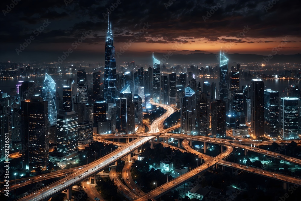 Modern Cityscape with Digital Overlays: Evening Skyline