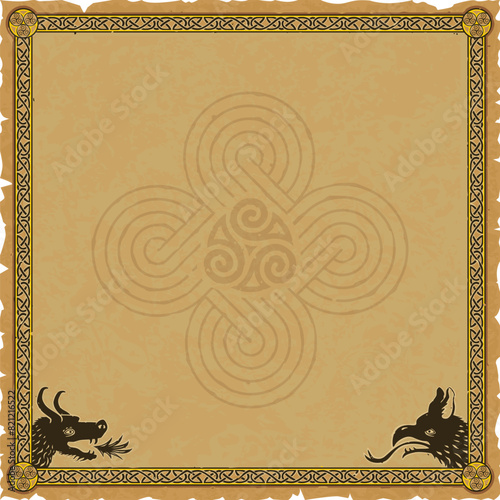 Medieval Parchment with Viking Frame, Dragons, Celtic Triskele Swirl Knot