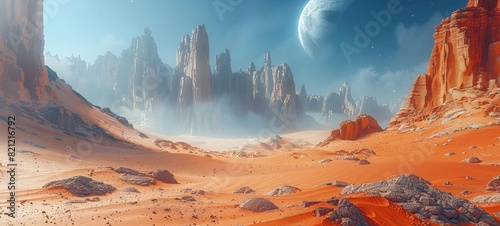 Alien desert landscape with towering rock formations under a hazy sky and a large planet looming in the background.