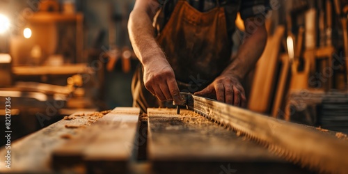 A skilled artisan uses a traditional hand saw on a wooden plank in a woodworking workshop with tools in the background photo