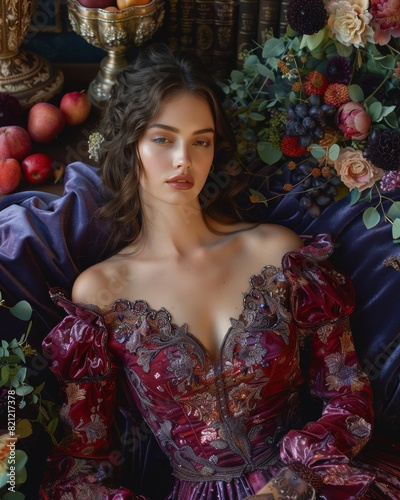 A beautiful woman in a red satin gown lounges on a velvet table with a flower arrangement © ProArt Studios