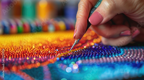 A persons hand using a stylus to place colorful beads on a coded canvas for diamond painting craft activity. photo