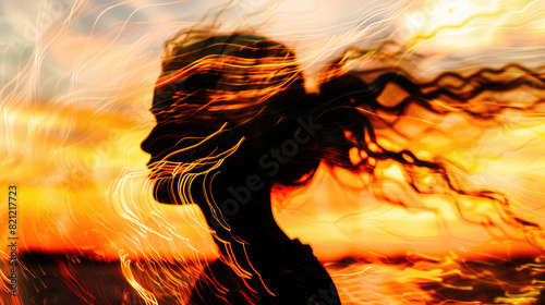 A person's silhouette against a blurred sunset, creating an artistic effect of fiery streaks swirling around the head and background.