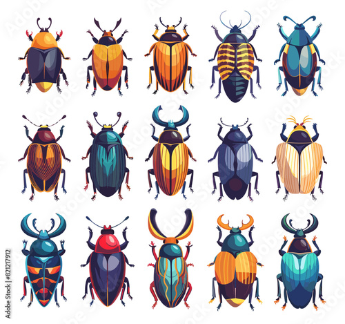 Cartoon Egyptian Scarab Beetles Icon Set on White Background. Simple Cartoon Style, Ancient Insect Illustrations, Egyptian Symbolism, Vector Collection, Cultural Icons, Mythological Creatures