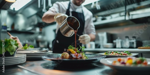 A professional chef is meticulously plating a high-end gourmet dish with sauce in a commercial kitchen, showcasing culinary expertise photo