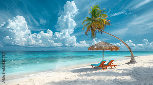 Sandy beach scene with a lone sun lounger beneath a vibrant sunshade, overlooking the tranquil ocean, framed by lush palm trees, epitomizing the essence of summer