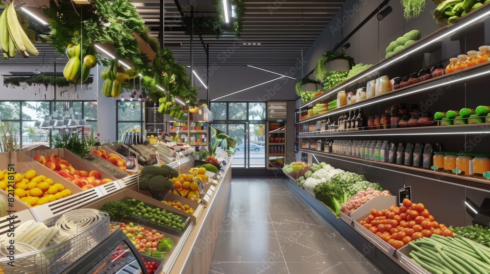 Futuristic grocery store featuring on-site vertical farming and production, clean and modern design, eco-friendly and efficient --ar 16:9 --style raw Job ID: 9a090914-c4a4-4113-b50a-7f626d3eaf30