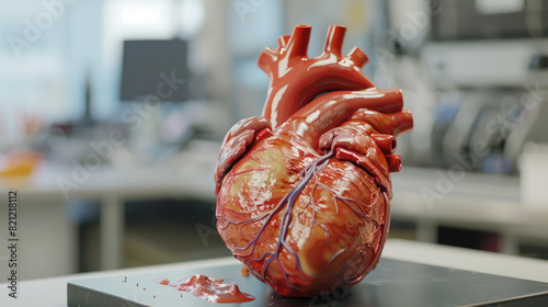 A realistic model of a human heart on a surface in a clinical setting, possibly for educational or demonstration purposes. photo