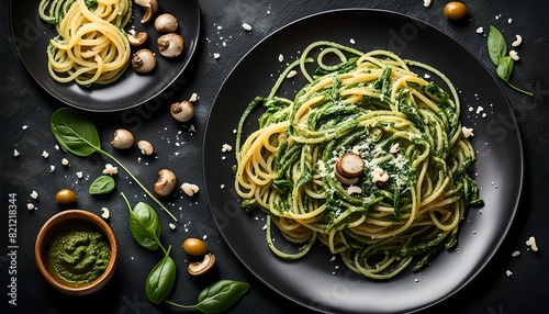 Homemade Spinach Mushroom Pesto Spaghetti on a Plate on a black background  top view. Flat lay  overhead  from above. Copy space. 