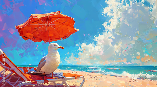 A painted beach scene featuring a seagull perched on a sun lounger, overlooking the sea with a summer vibe and a colorful parasol