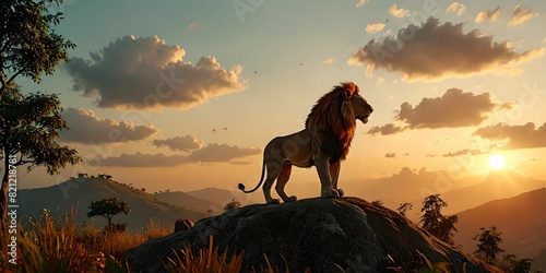 wallpaper representing a lion, standing on top of a hill, on a rock, at sunset. Master of the world! #821218781