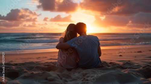 Young couple standing on a rocky cliff by the sea, gazing into each other eyes with a backdrop of crashing waves and a colorful sunset photo