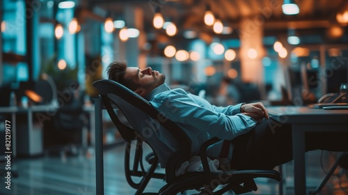 Tired employee asleep on a chair at their workplace photo