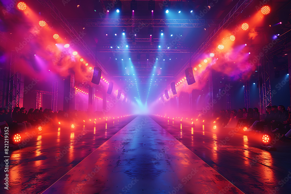 A sleek and expansive fashion catwalk, adorned with vibrant lighting