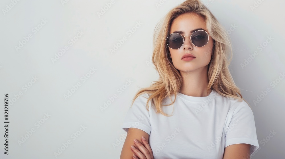 Young blonde woman, radiating confidence in a plain t shirt and trendy sunglasses Young blonde woman, radiating confidence in a plain t shirt and trendy sunglasses