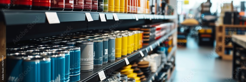 Modern building materials store counter, highlighting a selection of paint cans
