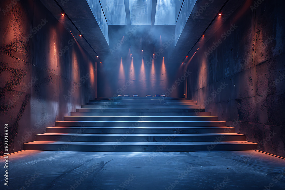 A sleek and expansive fashion catwalk, adorned with vibrant lighting A sleek and expansive fashion catwalk, adorned with vibrant lighting