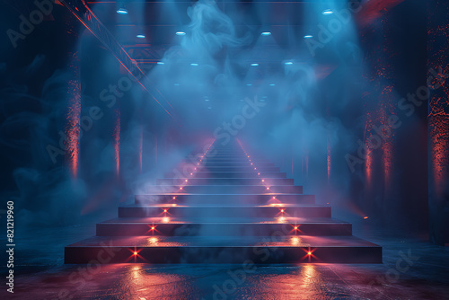 A sleek and expansive fashion catwalk  adorned with vibrant lighting