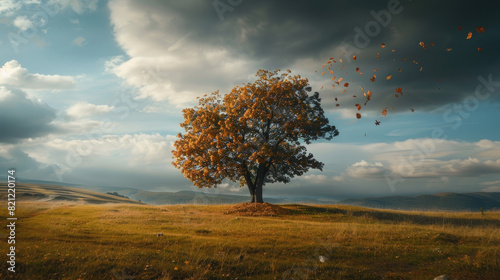 A solitary tree stands amidst a serene landscape, leaves blowing in the wind under a dramatic, cloudy sky.