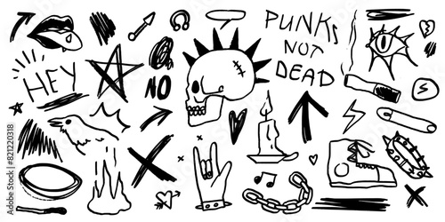 Rock n roll, punk music doodle scribble sticker set. Graffiti, tattoo hand drawn sticker, skull, heart, gesture hand. Grunge rock vector illustration in charcoal, chalk or black marker style.