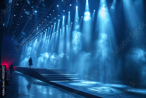 A sleek and expansive fashion catwalk  adorned with vibrant lighting