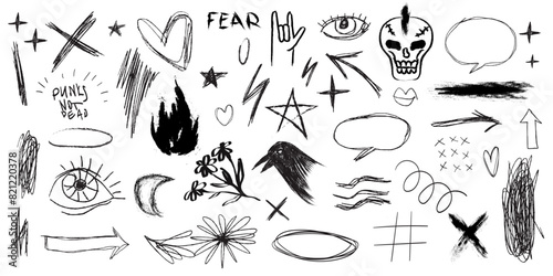 Rock n roll, punk music doodle scribble sticker set. Graffiti, tattoo hand drawn sticker, skull, heart, gesture hand. Grunge rock vector illustration in charcoal, chalk or black marker style.