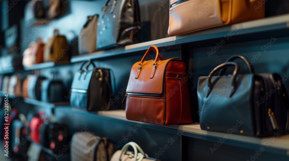 Fototapeta premium Women bags store, focusing on a collection of trendy purses and backpacks on sleek minimalist displays