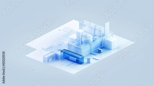 data service, blue, frostedglass, white clean background, isometric 3D, cold light, Blender, industrial design photo