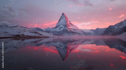 Colorful sunrise on Stellisee lake. Snowy Matterhorn peak with red light in clear water reflection. photo