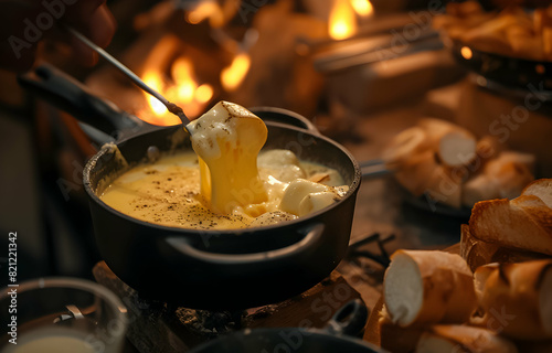 Cheese fondue in a pot with a cozy fireplace background.