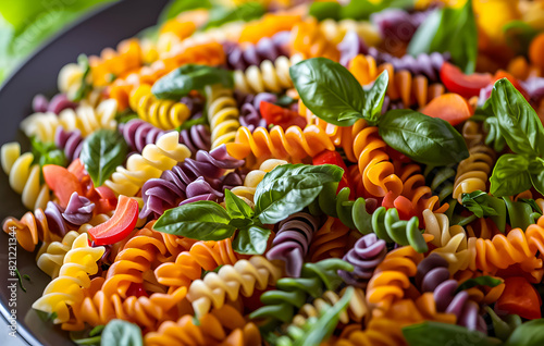 Colorful fusilli pasta with fresh basil on a plate.