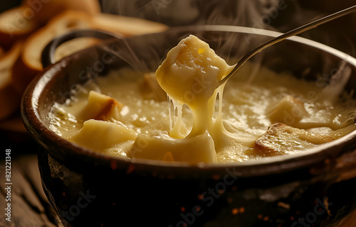 Close-up of steaming cheese fondue with potatoes.