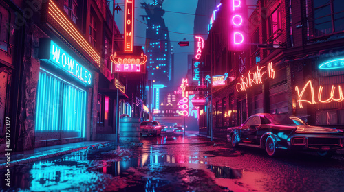 a studio shot of a Neon signs illuminate a vibrant street scene  exuding a retro vibe with glowing letters and classic marquee bulb lights.
