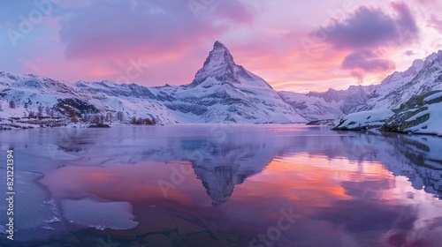 Colorful sunrise on Stellisee lake. Snowy Matterhorn peak with red light in clear water reflection. photo
