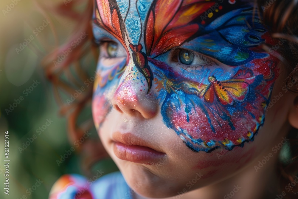 Creative Butterfly Face Paint on Child in Vibrant Garden Setting - Ideal for Spring Festival Posters and Nature-Themed Designs