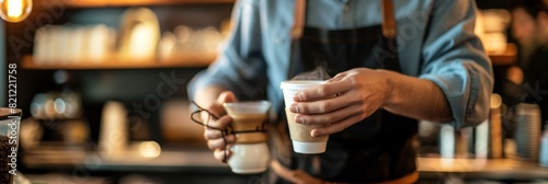 A barista in a cafe is serving a take-away coffee cup with care and attention to detail in a rustic setup