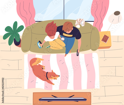 Watch tv top view. Family couple enjoys cinema movies or soccer, man woman sitting couch eating snack, person sit sofa look television news home leisure classy vector illustration