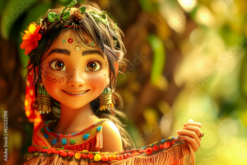 A girl with a flowery headdress and colorful clothing is smiling