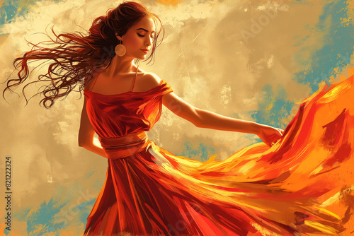 A woman in a red dress is dancing in the air