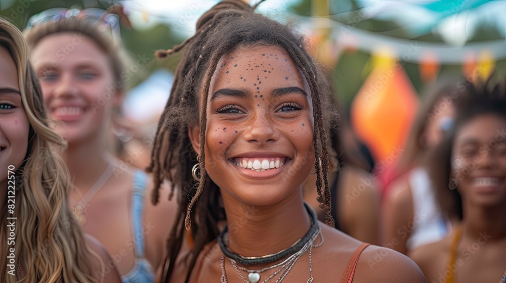 Friends with diverse skin conditions and tones at a festival Friends with diverse skin conditions and tones at a festival