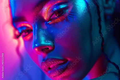 Futuristic Beauty Trends  Model with Fluorescent Makeup in Neon Light Setting - Ideal for Fashion Editorials and Creative Designs