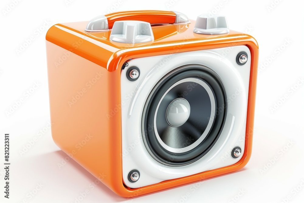 A small orange speaker with white trim sits on a white background A small orange speaker with white trim sits on a white background