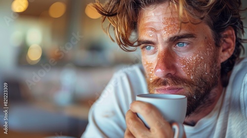 Man with rosacea having a morning coffee at home photo