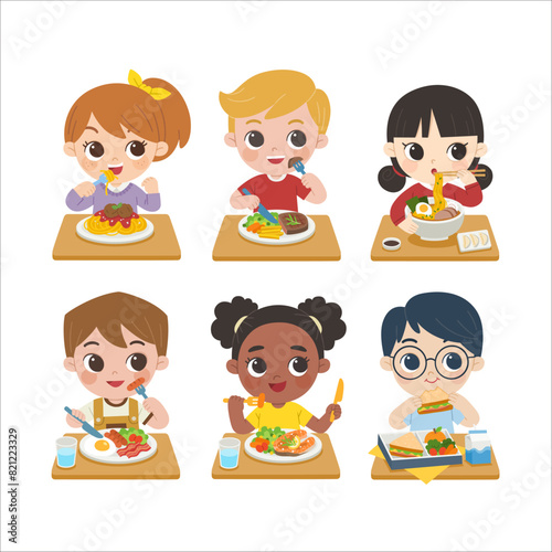 Set of Kids having delicious food.  Children having meal and lunch.