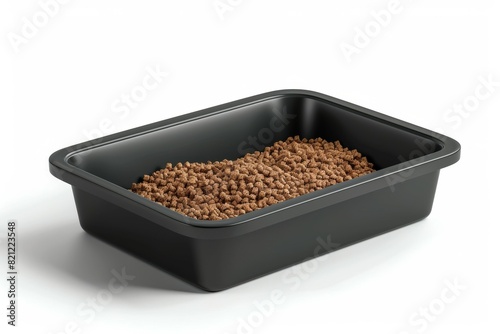 A black plastic container with a brown substance inside, cat litter with filler