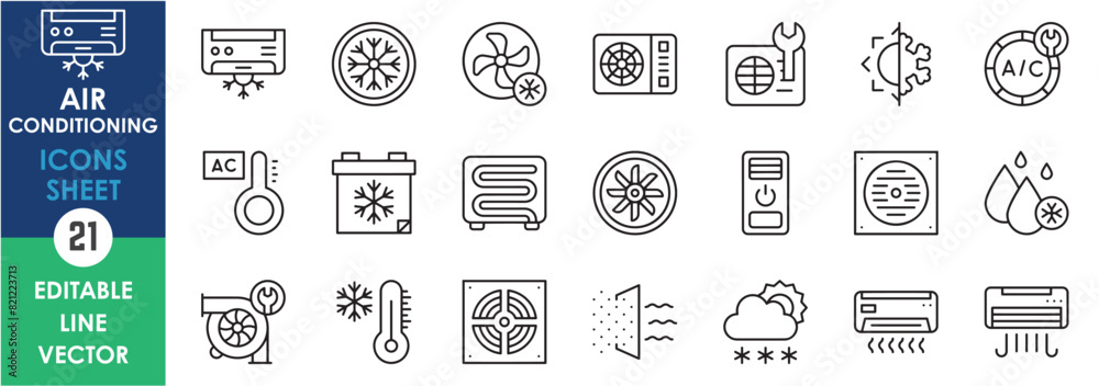 A set of line icons related to air conditioning. Air cooler, fan, booster and so on. Vector outline icons set.