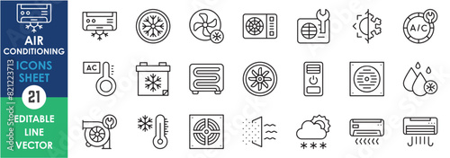 A set of line icons related to air conditioning. Air cooler, fan, booster and so on. Vector outline icons set. photo