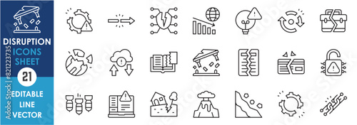 A set of line icons related to disruption. Damage, loss, break, fail related outline vector icons set.