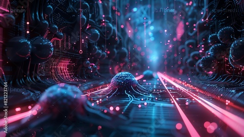 Quantum computing system with neural circuits, digital art, scifi, neon