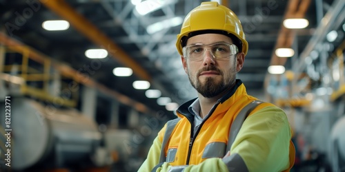 A male industrial worker in protective gear stands confidently in a factory setting, emphasizing safety and profession © gunzexx png and bg